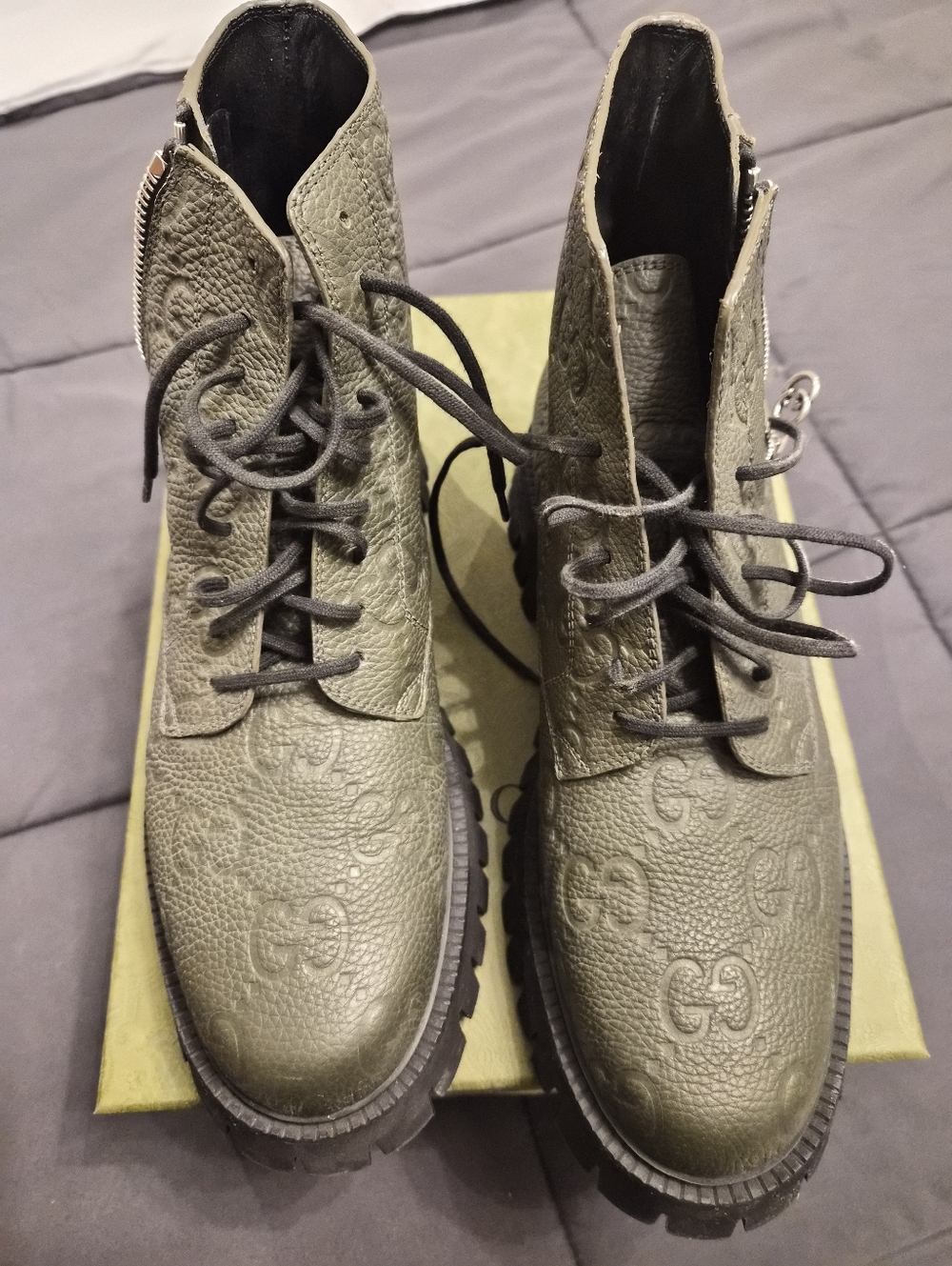 Mens Gucci Dark Olive Green Monogram Lug Sole Combat Boots - Picture 3 of 9